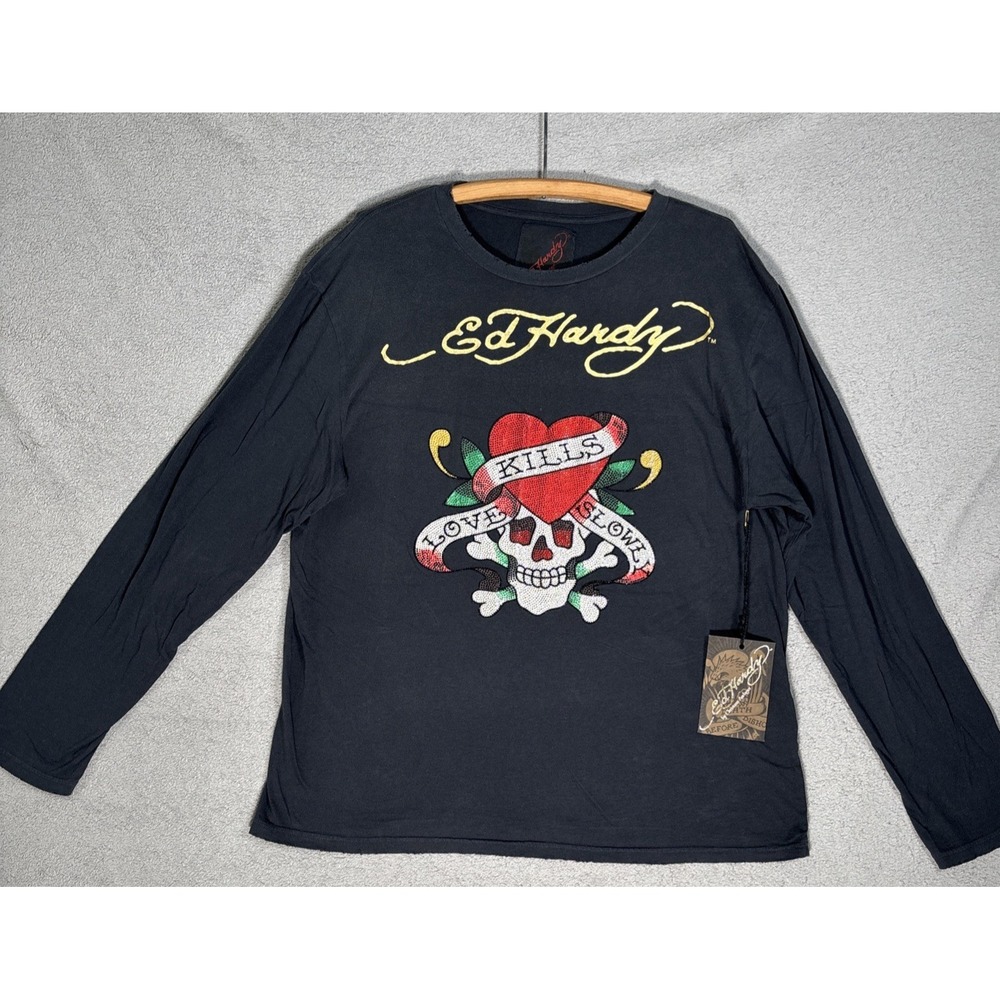 Ed Hardy Love Kills Slowly Long Sleeve Shirt Black Rhinestone Skull XL NWT